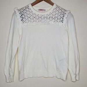 Cath Kidston White Lace Ruffle Crew Neck Lightweight Sweater, sz S
